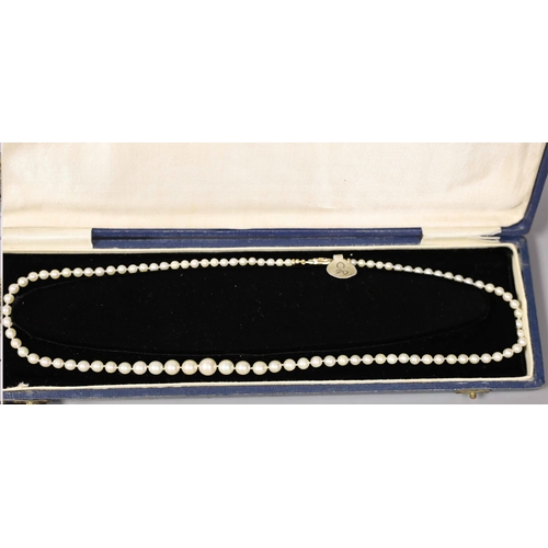 1914 - Four assorted cased single strand cultured pearl necklaces, with yellow metal or sterling clasps, lo... 