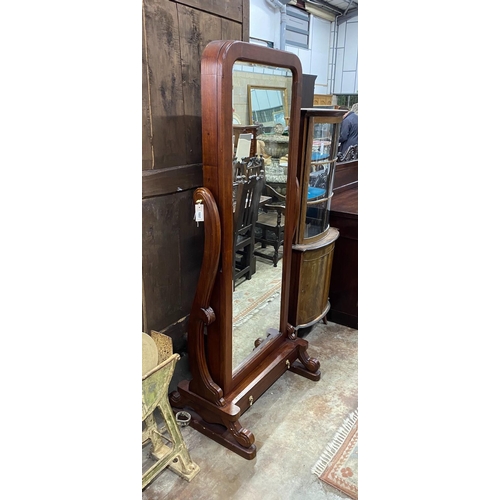 1007 - A Victorian style mahogany cheval mirror, the rectangular plate enclosing hanging space and pigeonho... 