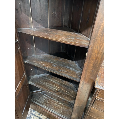 1026 - An 18th century style oak standing corner cupboard, enclosed by a full length door, width 94cm, dept... 