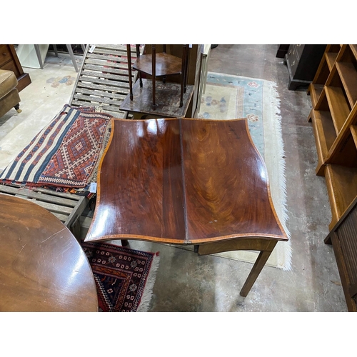 1037 - A George III satinwood banded serpentine mahogany folding tea table, width 84cm, depth 42cm, height ... 
