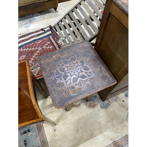 1038 - A Liberty style octagonal oak centre table, width 45cm, height 70cm together with a Moorish pokerwor... 