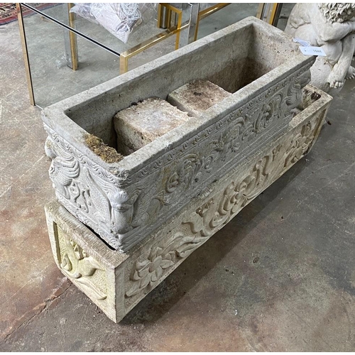 1044 - Two rectangular reconstituted stone garden planters, one with block feet, larger width 98cm, depth 2... 