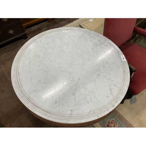 1055 - A 19th century French circular marble top mahogany centre table, diameter 98cm, height 73cm