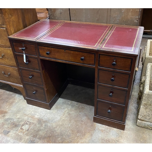 1061 - A George III style mahogany kneehole desk with hinged central section, width 104cm, depth 55cm, heig... 