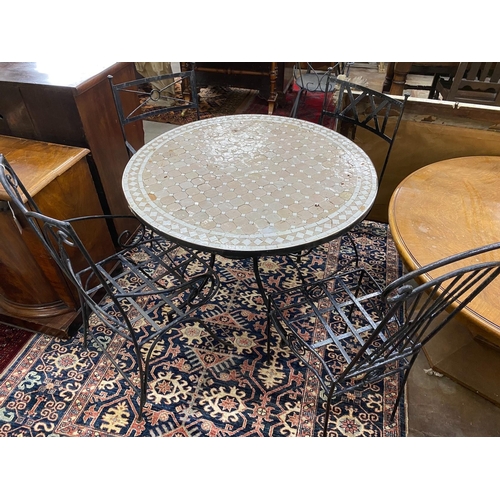 1089 - A circular mosaic top wrought iron garden table, diameter 100cm, height 74cm together with four wrou... 