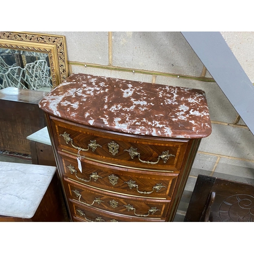 1112 - An early 20th century Louis XV style  banded kingwood gilt metal mounted marble topped six drawer co... 