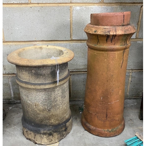 1128 - Two terracotta chimney pot planters, one with liner, largest height 62cm