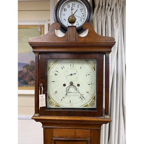 1135 - An early 19th century banded oak 8 day longcase clock marked Barrett, Blandford, height 216cm
