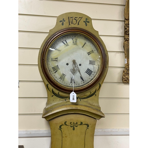 1145 - A 19th century French painted pine longcase clock, height 203cm