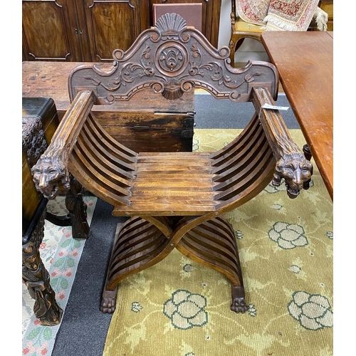1171 - An Italian carved walnut folding Savaranola type elbow chair, width 66cm, depth 51cm, height 92cm... 