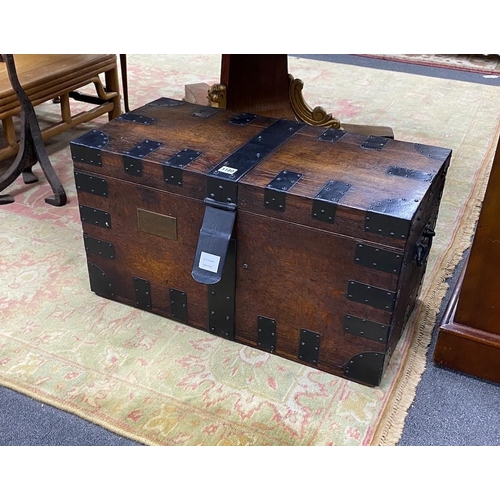 1180 - A Victorian iron bound oak silver chest, bears engraved brass plaque, Major Richards 55  Regt, wid... 
