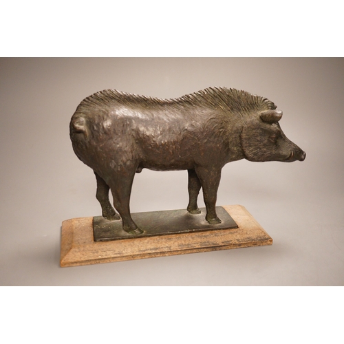 1256 - A 20th century bronze model of a standing boar, on inset wooden base, height 17cm, length of boar 26... 