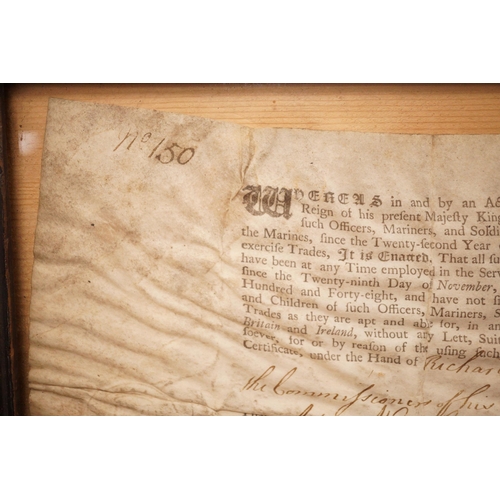 1260 - A framed Press Gang exemption for Adam Waterhouse of HMS Foudroyant, dated 1763