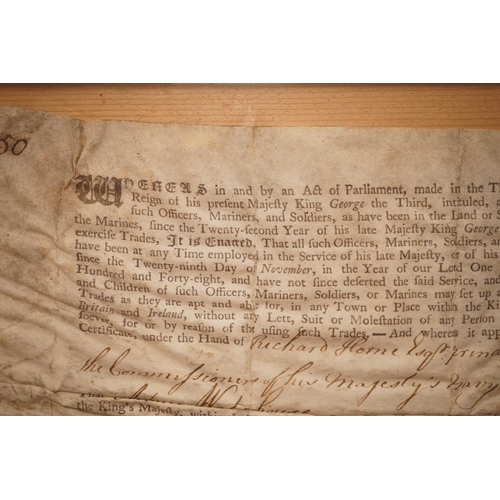 1260 - A framed Press Gang exemption for Adam Waterhouse of HMS Foudroyant, dated 1763