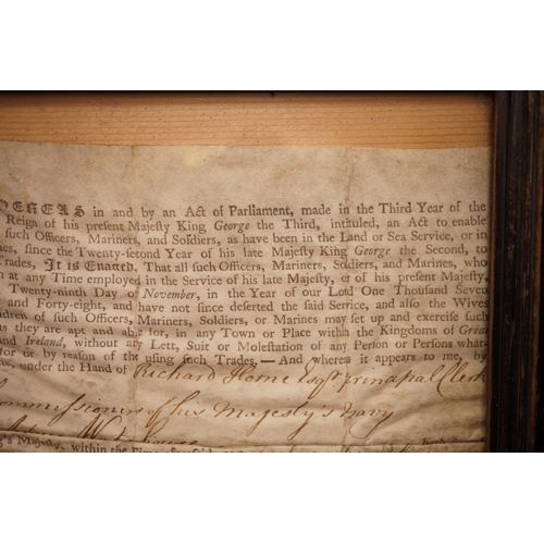 1260 - A framed Press Gang exemption for Adam Waterhouse of HMS Foudroyant, dated 1763