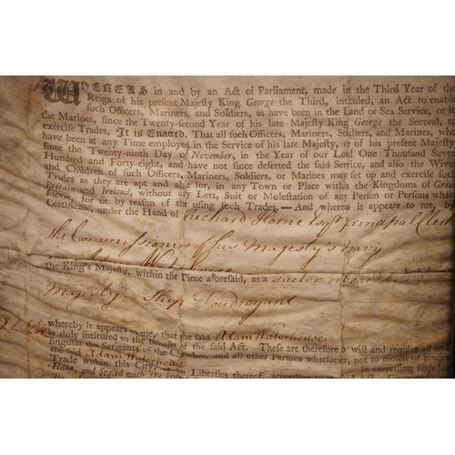 1260 - A framed Press Gang exemption for Adam Waterhouse of HMS Foudroyant, dated 1763