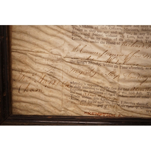 1260 - A framed Press Gang exemption for Adam Waterhouse of HMS Foudroyant, dated 1763