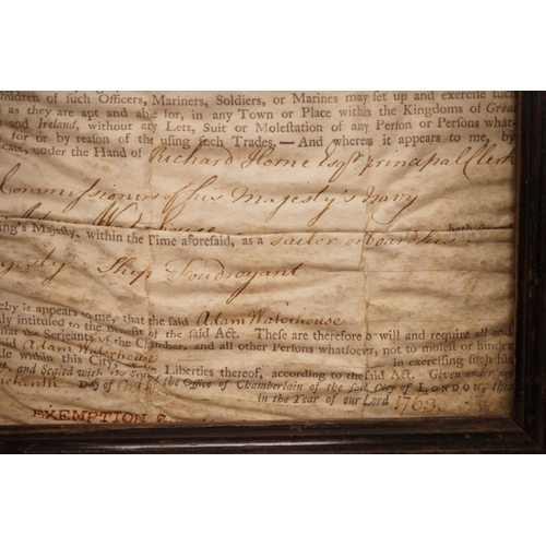 1260 - A framed Press Gang exemption for Adam Waterhouse of HMS Foudroyant, dated 1763