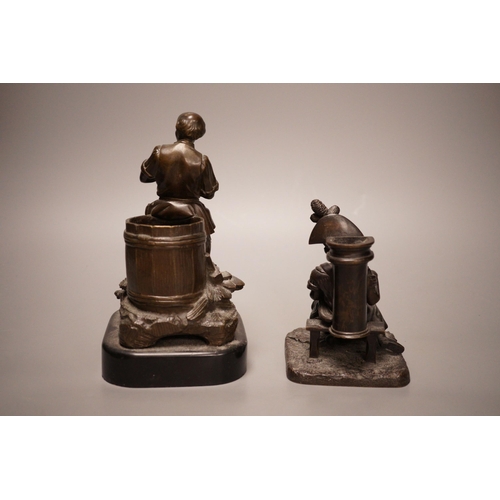 1265 - Two late 19th century bronze spill vases, cast as a tradesman and a war veteran. Tallest 19cm