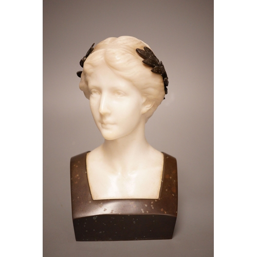 1267 - A late 19th/early 20th century French bronze and alabaster bust of a lady, 19cm