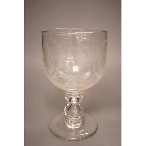 1273 - A Victorian/Edwardian  wheel engraved glass goblet commemorating Admiral Nelson and HMS Victory, hei... 