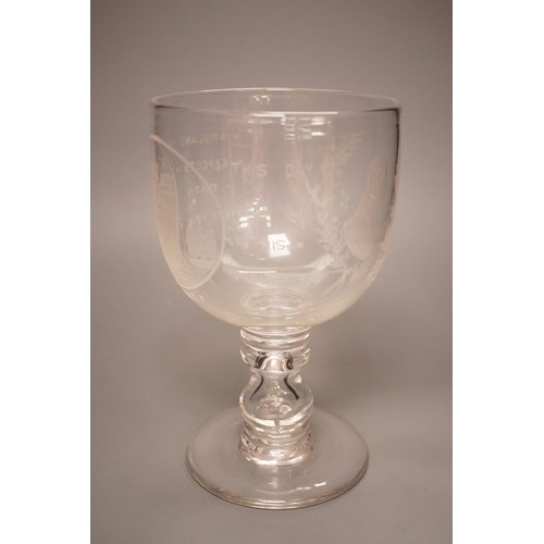 1273 - A Victorian/Edwardian  wheel engraved glass goblet commemorating Admiral Nelson and HMS Victory, hei... 