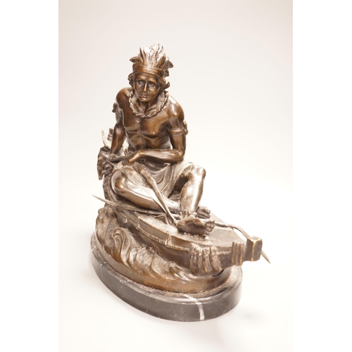 1274 - After Duchoiselle, a bronze study of a Native American huntsman in canoe, with impressed mark, on ma... 