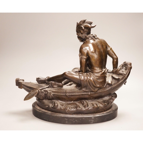 1274 - After Duchoiselle, a bronze study of a Native American huntsman in canoe, with impressed mark, on ma... 