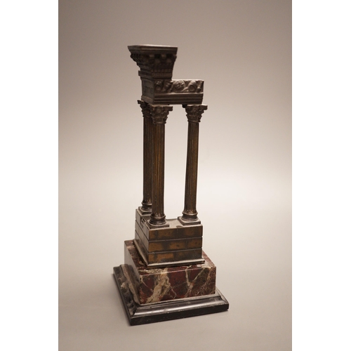 1276 - A late 19th century Grand Tour style bronze, temple ruins Estitver on marble base, total height 26... 