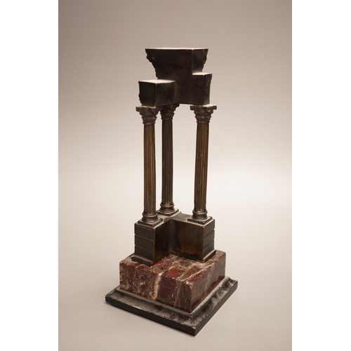 1276 - A late 19th century Grand Tour style bronze, temple ruins Estitver on marble base, total height 26... 