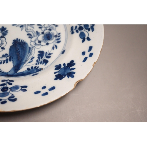 1298 - An 18th century Delft blue and white vase, a similar plate and two papier mache boxes, plate diamete... 