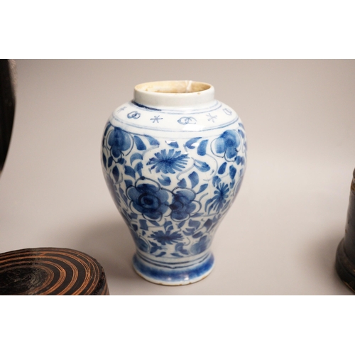 1298 - An 18th century Delft blue and white vase, a similar plate and two papier mache boxes, plate diamete... 