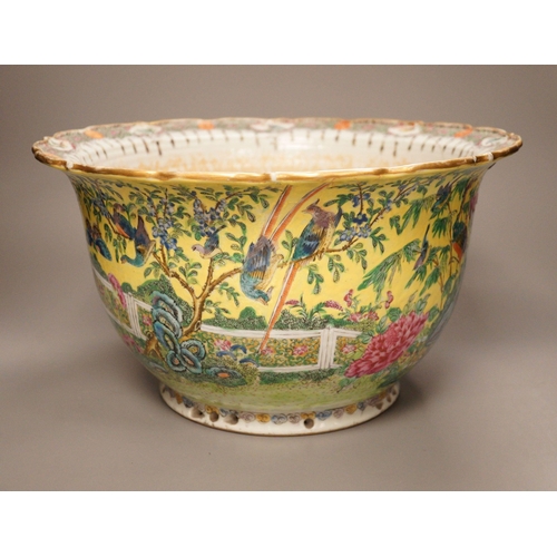 1307 - An early 20th century Chinese famille rose yellow ground jardiniere, a.f, 37cm