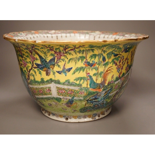 1307 - An early 20th century Chinese famille rose yellow ground jardiniere, a.f, 37cm