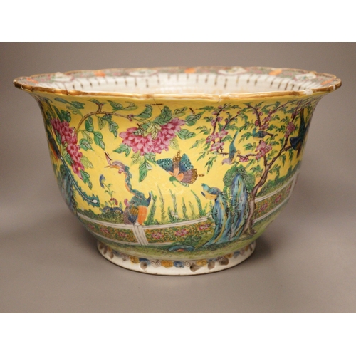 1307 - An early 20th century Chinese famille rose yellow ground jardiniere, a.f, 37cm