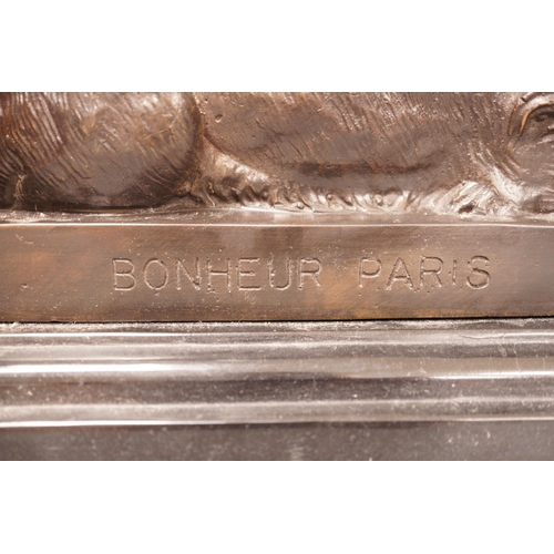 1332 - After Isadore Bonheur a bronze figure of a recumbent lion, on marble base, 20th century, 35cm