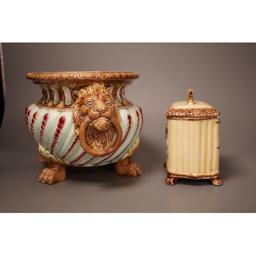 1333 - A Continental majolica tureen and a tea caddy, largest 32cm