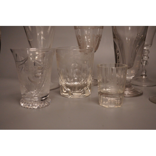 1339 - A group of eight 19th/20th century novelty or commemorative glasses, tallest 19.5 cm, including two ... 