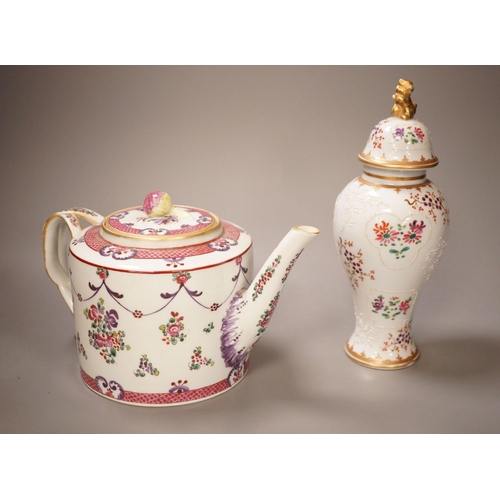 1347 - A Samson lidded Chinese armorial style baluster vase and a similar teapot, 23cm