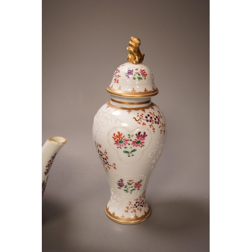 1347 - A Samson lidded Chinese armorial style baluster vase and a similar teapot, 23cm