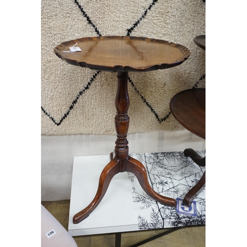 108 - A George III mahogany circular piecrust tilt top wine table, diameter 48cm, height 72cm