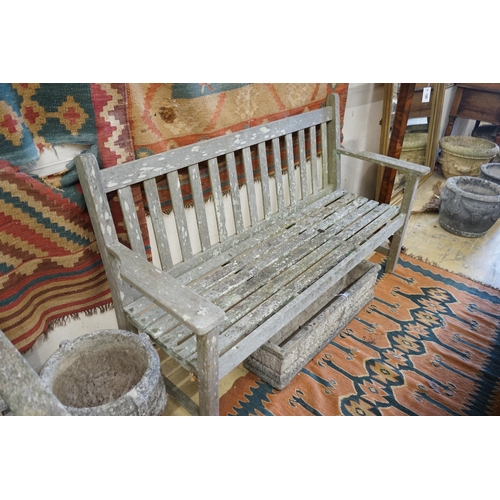 121 - A near pair of weathered slatted teak garden benches, larger length 155cm, depth 56cm, height 90cm... 