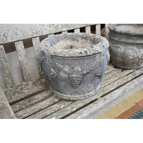 122 - Three circular reconstituted stone garden planters, largest diameter 40cm, height 32cm