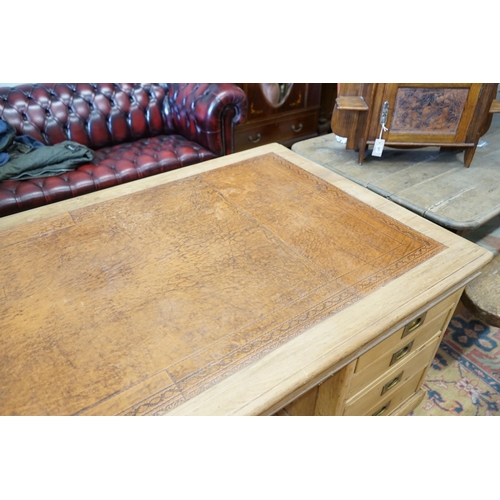 148 - A Victorian and later military style pine pedestal desk, width 182cm, depth 98cm, height 76cm