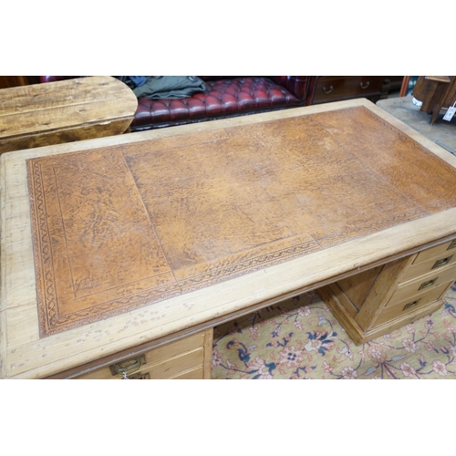 148 - A Victorian and later military style pine pedestal desk, width 182cm, depth 98cm, height 76cm