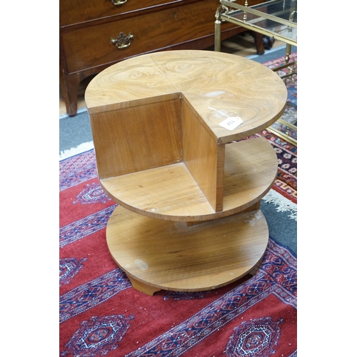 157 - An Art Deco style walnut circular three tier occasional table, diameter 50cm, height 53cm