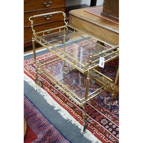 159 - A brass and glass two tier tea trolley, width 84cm, depth 42cm, height 73cm