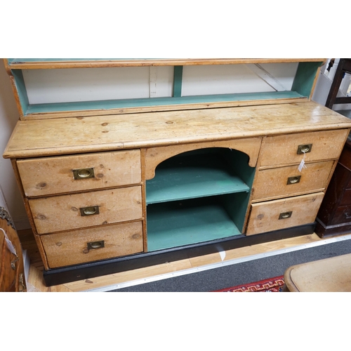 167 - A large Victorian and later pine dresser, width 183cm, depth 55cm, height 216cm