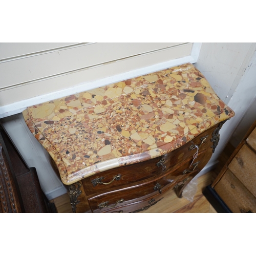 168 - A Louis XV style marquetry inlaid marble topped serpentine three drawer commode, width 83cm, depth 4... 