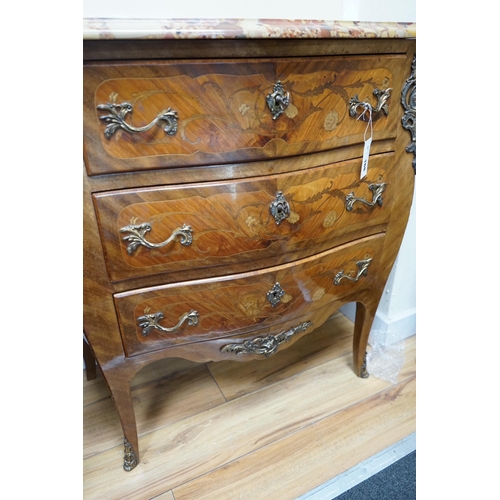 168 - A Louis XV style marquetry inlaid marble topped serpentine three drawer commode, width 83cm, depth 4... 